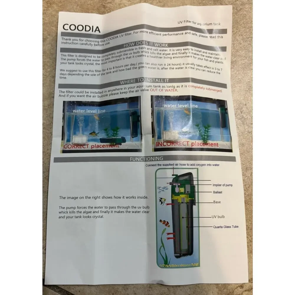 COODIA Internal Green Water Killer Filter Aquarium Tank‎ U-V Pump